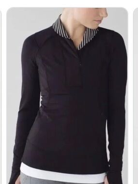lululemon Black Long-Sleeve Quarter Zip Top with Striped Collar Size 6